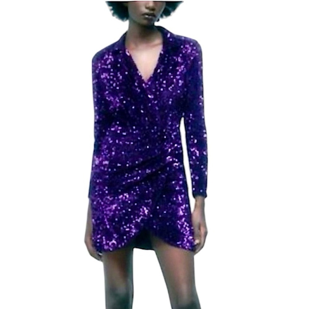 New ZARA Sequin Glitter Purple Ruched Blazer Mini Dress